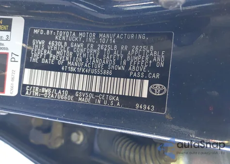 2015 Toyota Camry Xle V6 из США, поврежденный, VIN 4T1BK1FK4FU555886